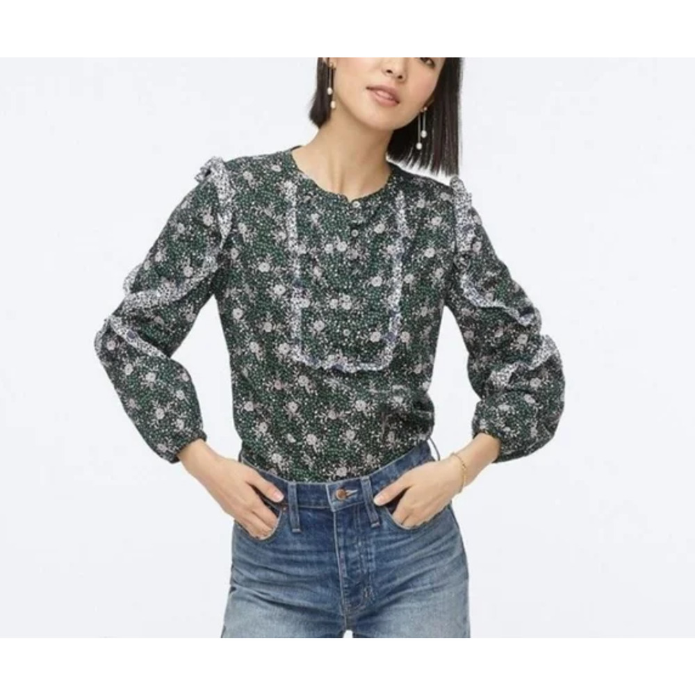 J.Crew x Liberty Fabric Ruffle Sleeve Blouse Womens S Floral Green Preppy